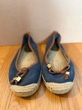 Michael Kors Navy Canvas Espadrille Flats with Brown Trim